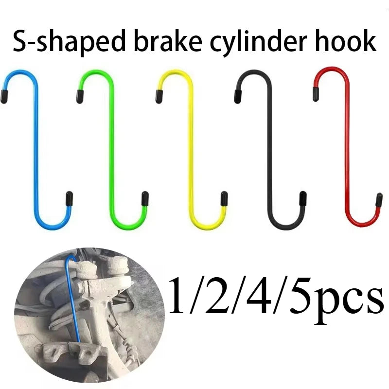 Five S-shaped brake cylinder hooks in blue, green, yellow, black, and red for auto repair
