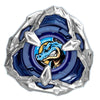 A silver metal spinning top featuring a blue dragon design.