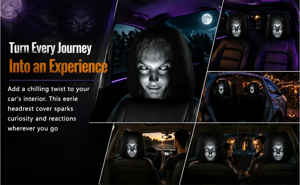 A set of two Ghost Face headrest covers installed in a car interior, showing the eerie effect on passengers.
