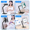A set of four images showing an adjustable metal tablet stand used for viewing, studying online, playing games, and working o