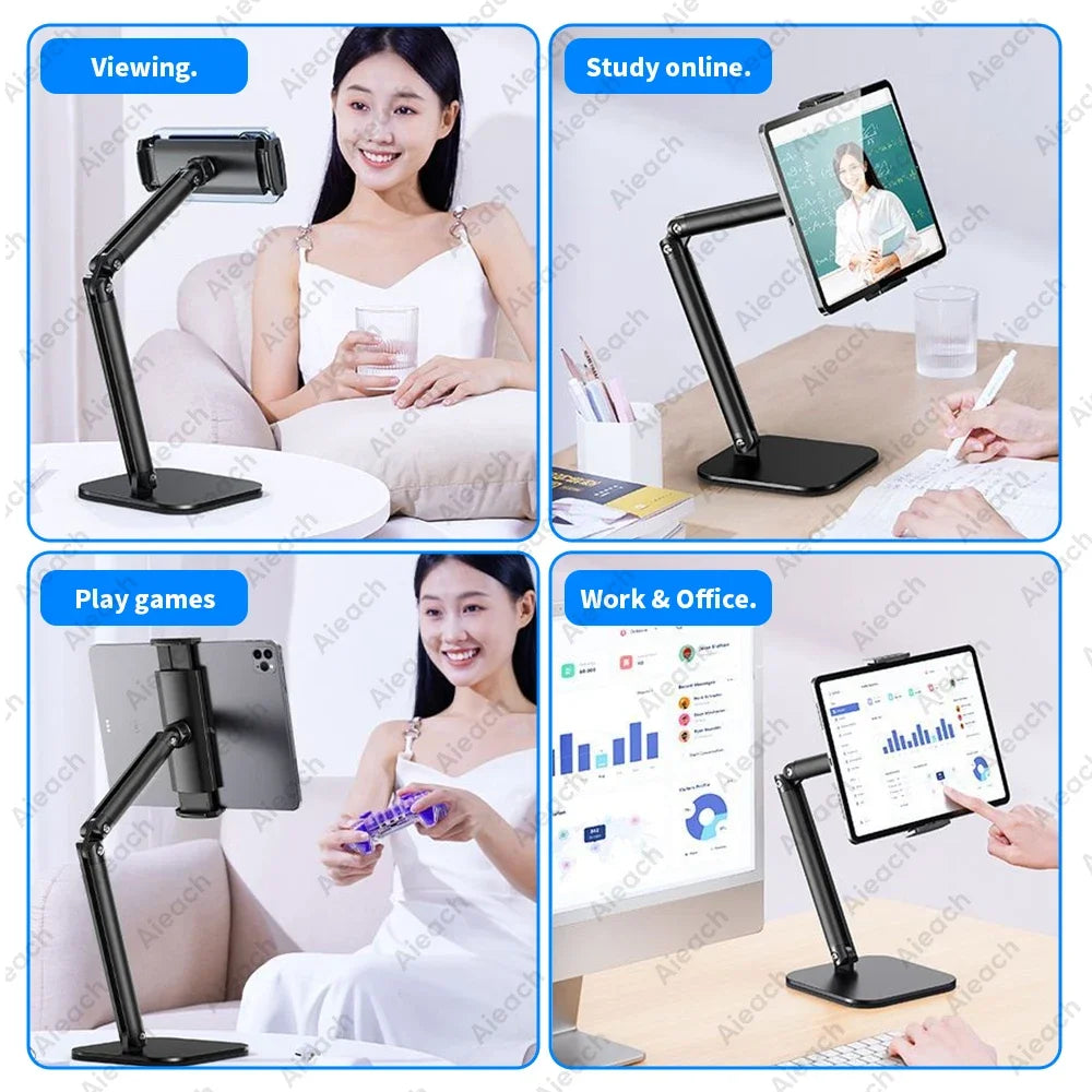 A set of four images showing an adjustable metal tablet stand used for viewing, studying online, playing games, and working o