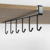 A black under-shelf cup and utensil holder with six hooks mounted beneath a wooden shelf.