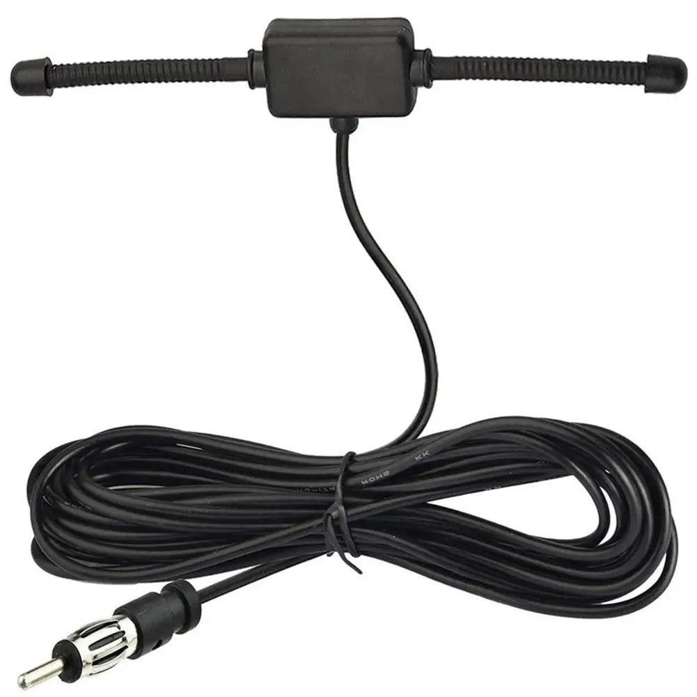 Black universal car windshield AM/FM radio antenna signal booster with a flexible cable.