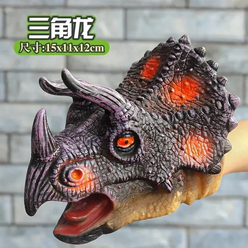 A realistic dinosaur hand puppet featuring textured gray and purple skin with glowing orange eyes.