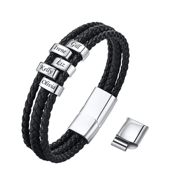 Black braided leather bracelet with silver stainless steel beads engraved with names