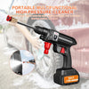 A portable multifunctional high-pressure cleaner is shown being used to clean a car, with a close-up of the cleaning spray.