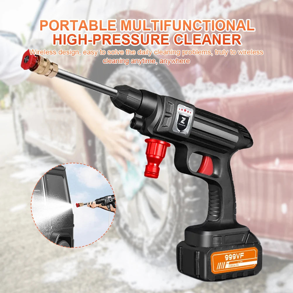 A portable multifunctional high-pressure cleaner is shown being used to clean a car, with a close-up of the cleaning spray.
