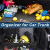 Before and after comparison of a foldable waterproof car trunk organizer with six pockets inside a car trunk.