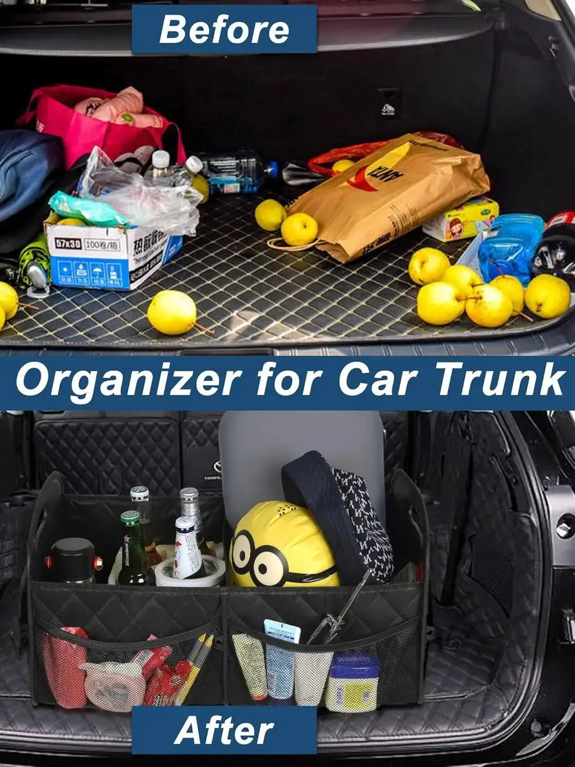 Before and after comparison of a foldable waterproof car trunk organizer with six pockets inside a car trunk.