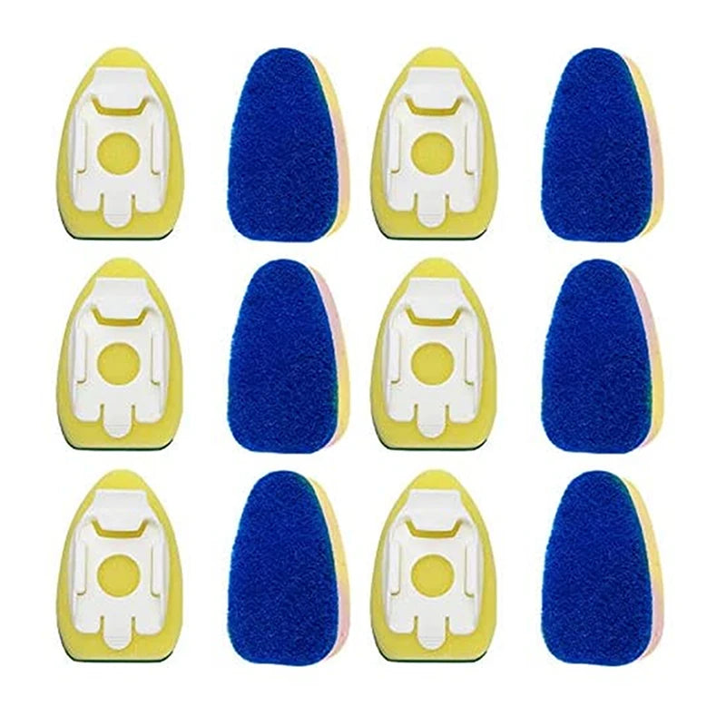 A set of ten dish wand soap dispensing brush heads in blue and yellow for cleaning dishes.