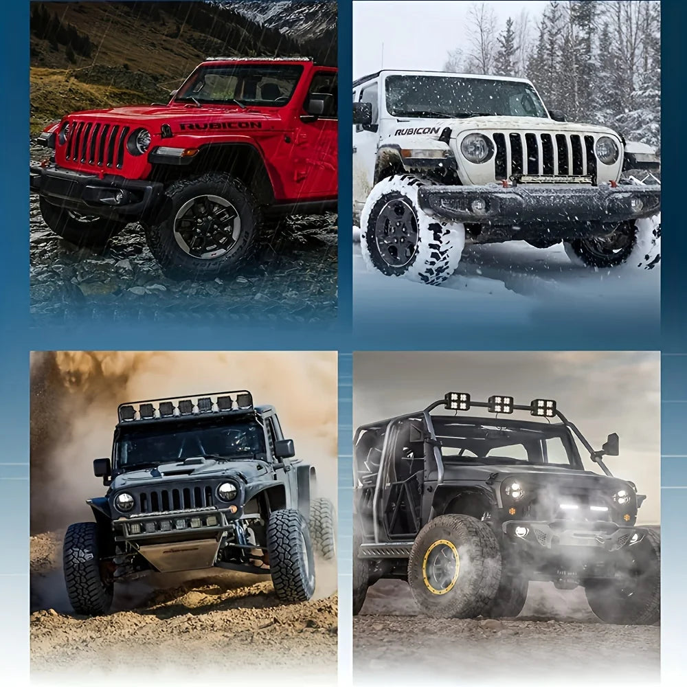 Drei Jeep Rubicon Fahrzeuge mit leistungsstarken LED-Lichtbalken in verschiedenen Gelände.