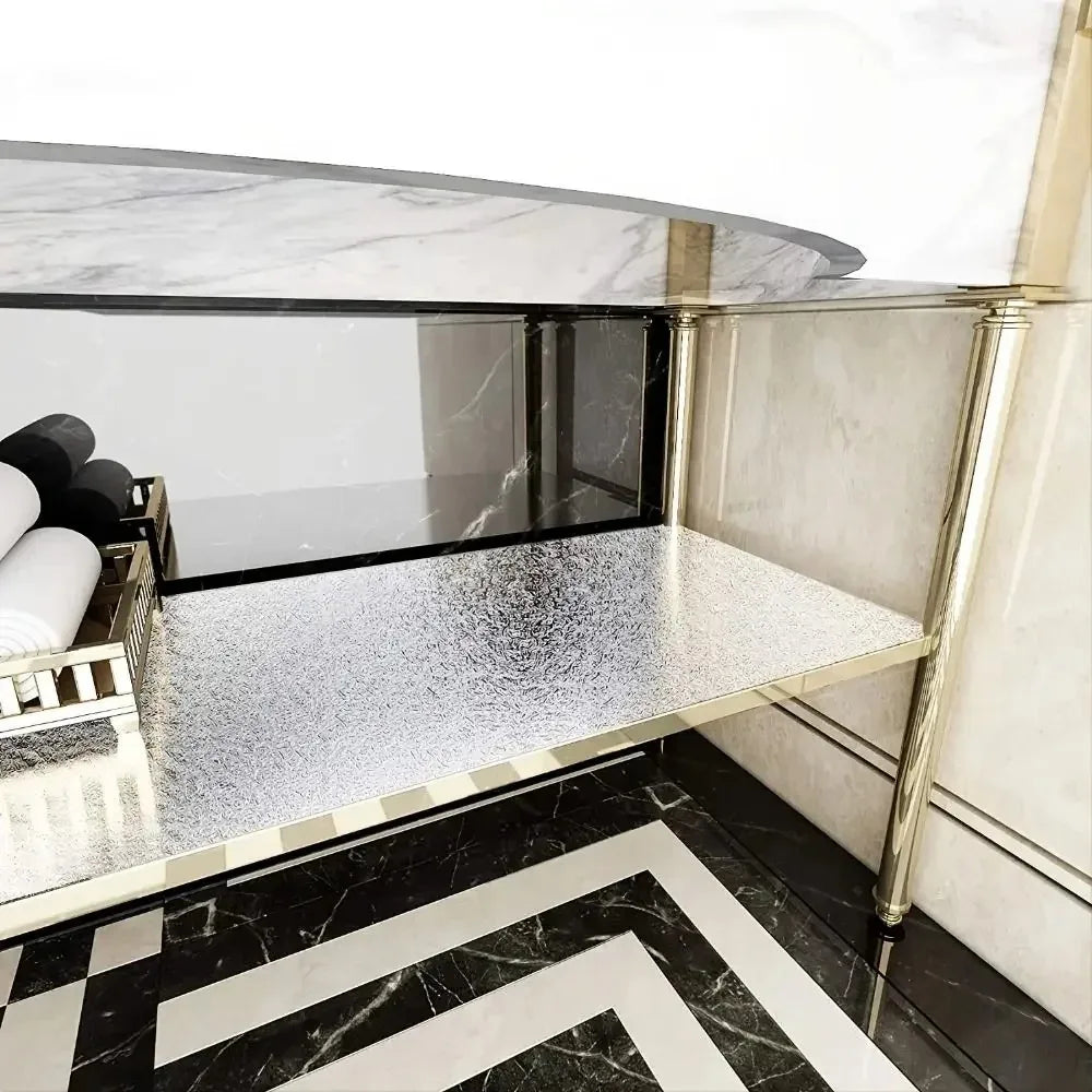 A kitchen cabinet sticker product displayed on a glass shelf with marble flooring.