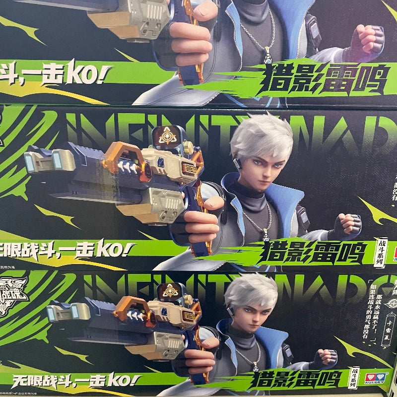 A close-up of a figure holding an AULDEY Infinity Nado Spin Force Battle Top with Launcher toy.