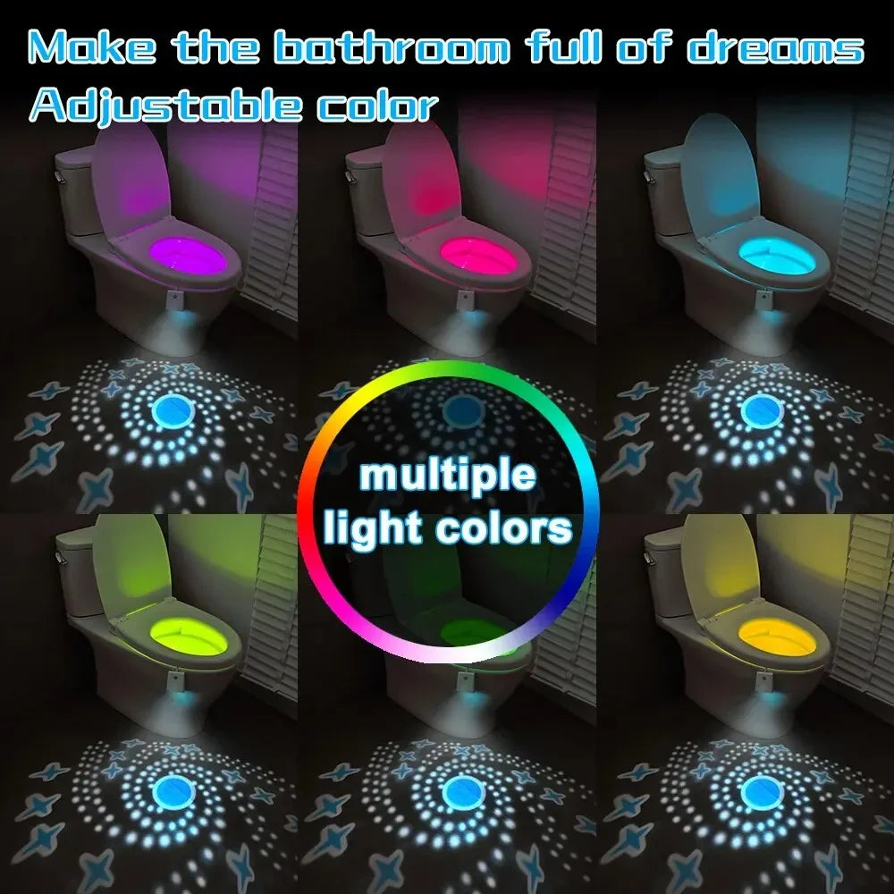 A set of adjustable color toilet night lights demonstrating multiple light colors and modes.