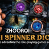 A hand holds an 8-in-1 spinner dice set featuring multiple colored and themed dice for tabletop role-playing games.