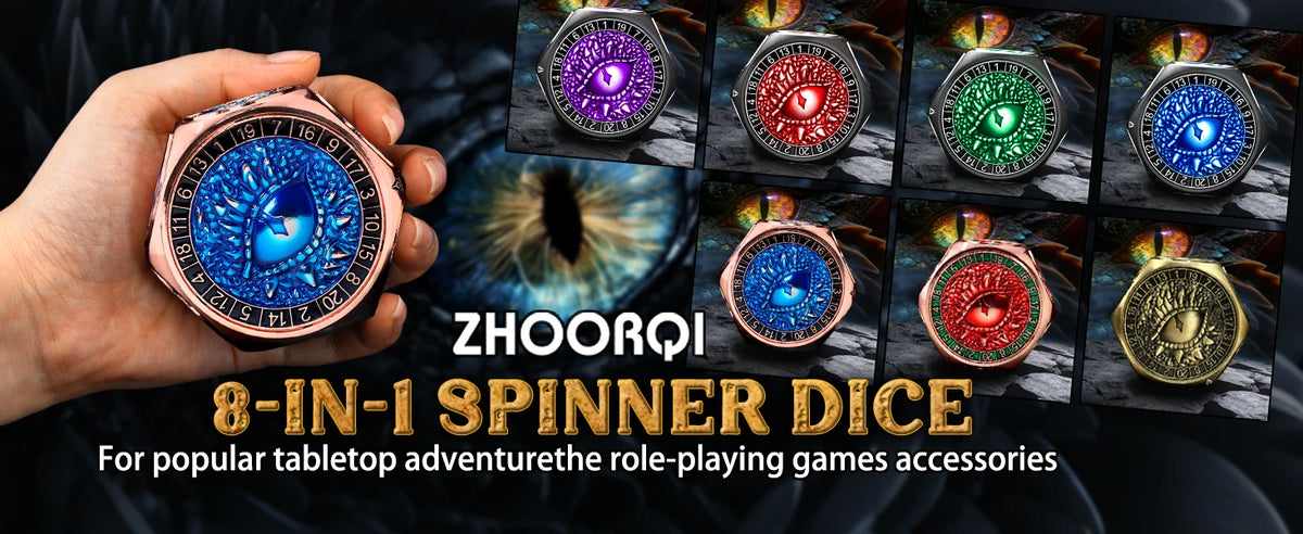 A hand holds an 8-in-1 spinner dice set featuring multiple colored and themed dice for tabletop role-playing games.