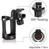 Black 360° rotating bottle holder designed for strollers, bikes, and wheelchairs with an adjustable grip.