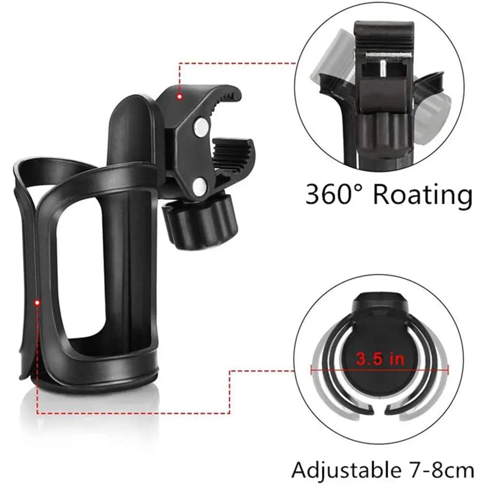 Black 360° rotating bottle holder designed for strollers, bikes, and wheelchairs with an adjustable grip.