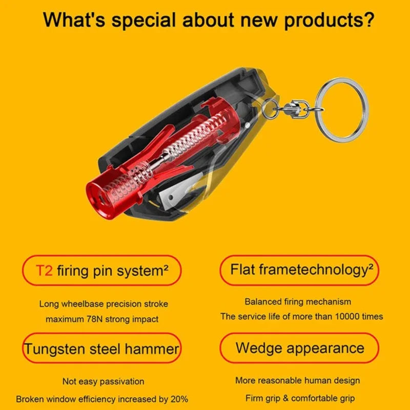 A red tool featuring a firing pin system and tungsten steel hammer is shown against an orange background.
