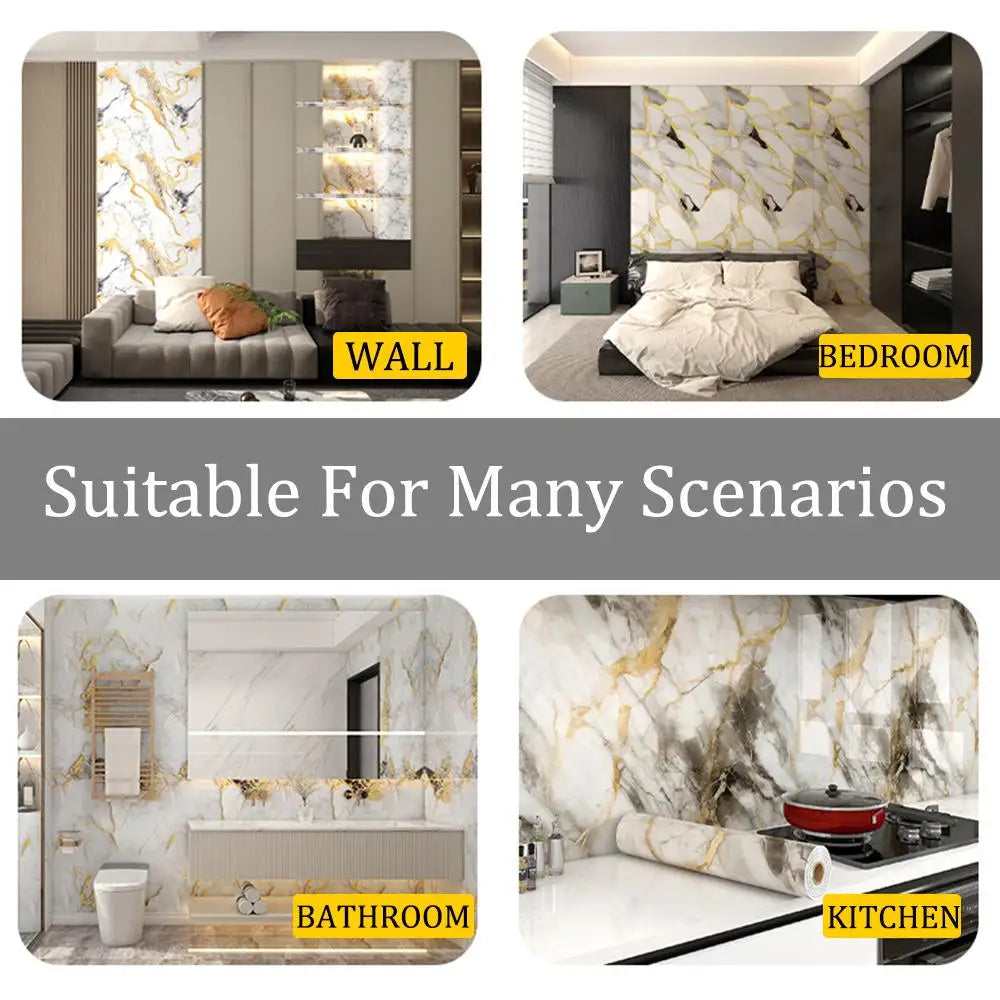 Self-adhesive marble wall sticker roll used as a decorative accent in kitchen and bathroom settings.