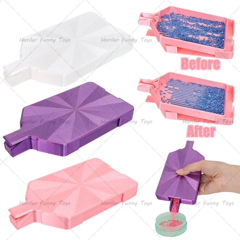 Comparaison avant/après d'un kit de peinture de diamant, montrant la transformation des couleurs blanc à violet et rose.