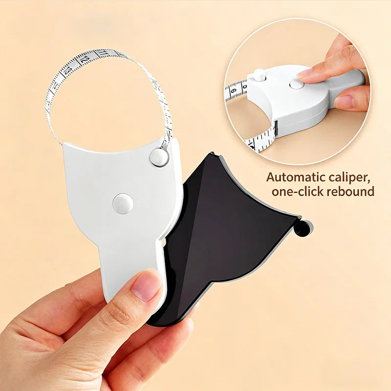 A hand holds a white automatic caliper measuring tape with a black tip, demonstrating its one-click rebound feature.
