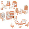 A dollhouse furniture set featuring a vanity, toilet, sink, mirror, and various wooden and white pieces for pretend play.