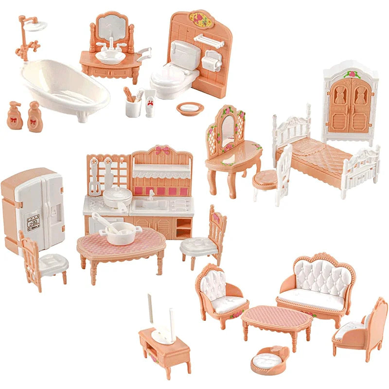 A dollhouse furniture set featuring a vanity, toilet, sink, mirror, and various wooden and white pieces for pretend play.