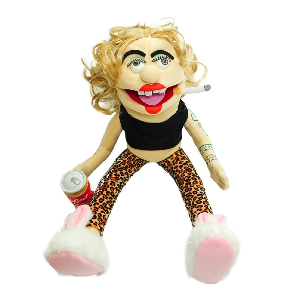 A plush toy of Jeffy featuring blonde hair, red lips, and a playful expression.