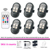 Six units of remote control RGB LED strobe lights shown with accessories like instruction, charging cable, and Velcro band.
