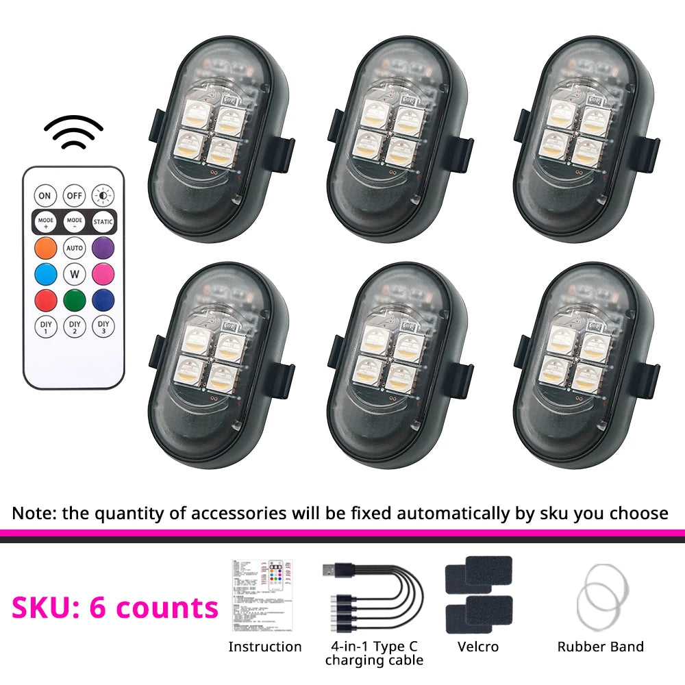 Six units of remote control RGB LED strobe lights shown with accessories like instruction, charging cable, and Velcro band.
