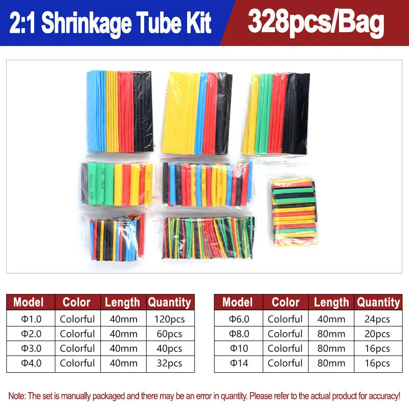 A kit of heat shrink tubing in various colors and lengths packaged for shrinking applications.