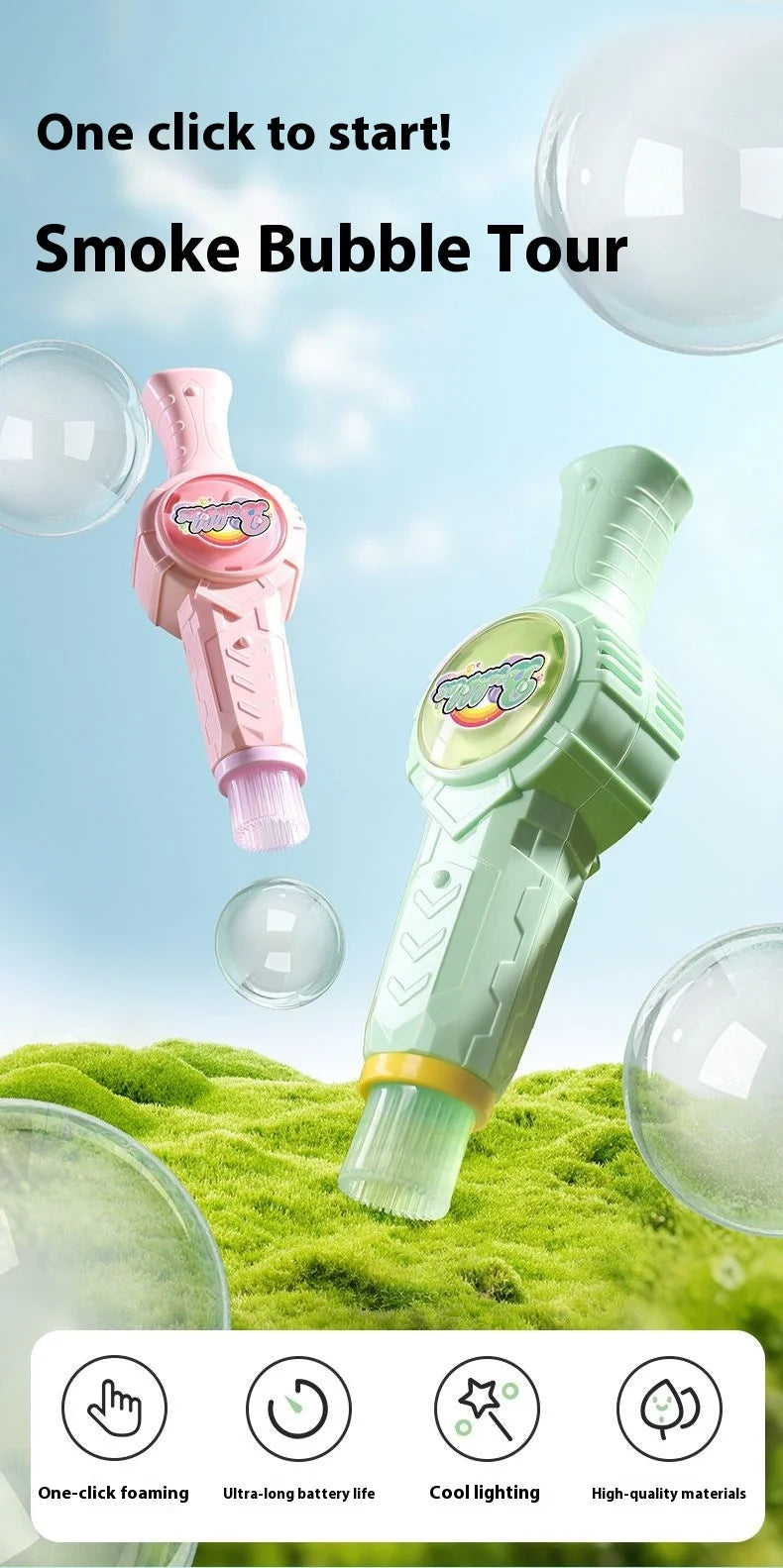 A pink and green smoke bubble tour device is shown with various bubbles on a green grassy surface.
