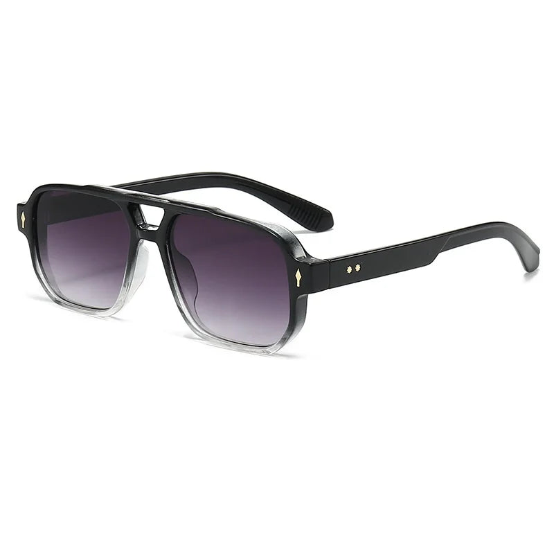 Black retro double-bridge square sunglasses with dark lenses and black arms