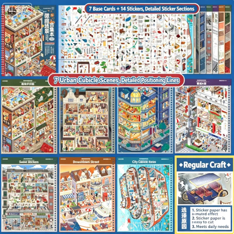 A collection of 7 base cards and 14 stickers featuring urban cubicle scenes, detailed positioning lines, and various cityscap