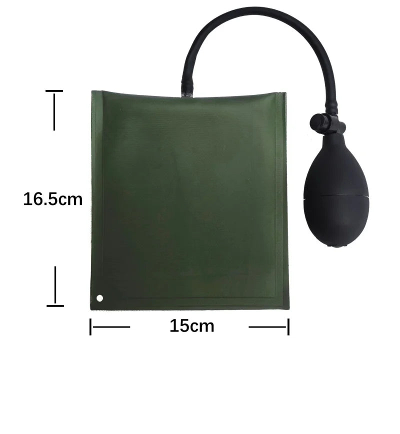 A green inflatable air wedge tool with a black hose and nozzle for car door and window repair.