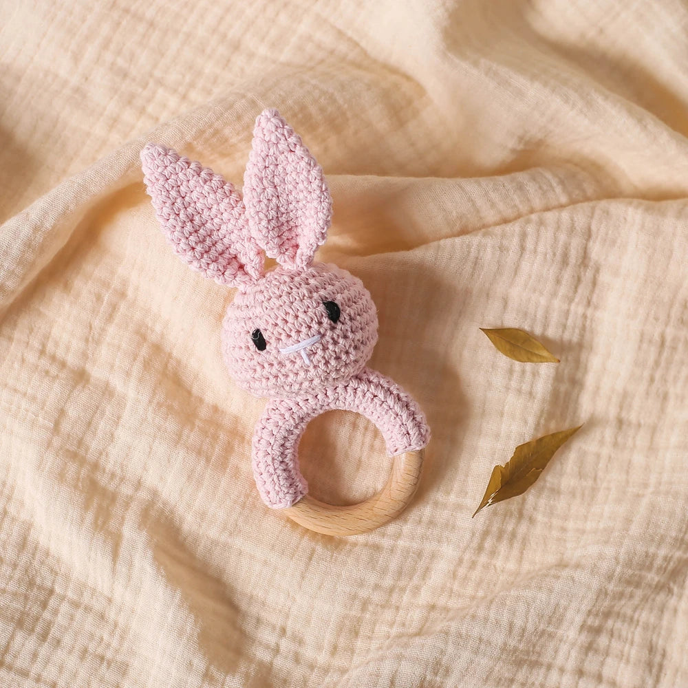 Handmade Crochet Bunny Rattle with Wooden Teether for Babies