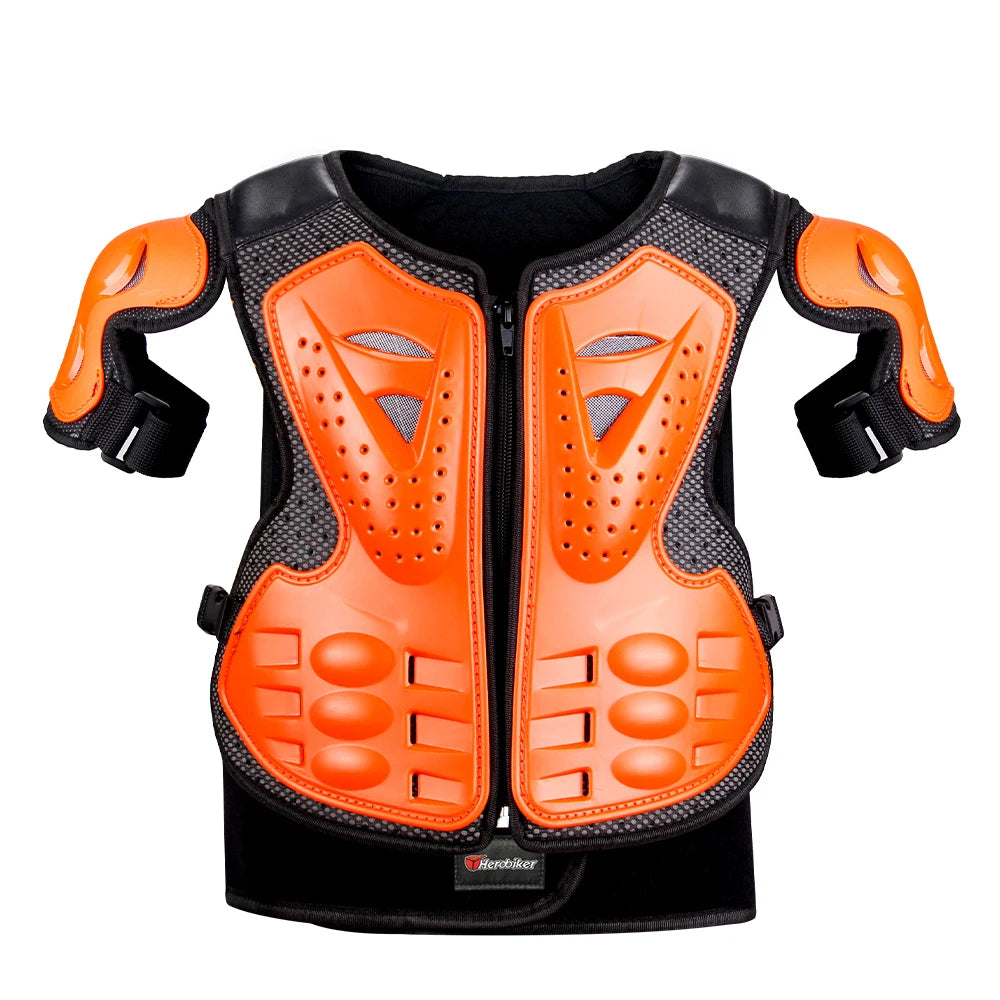 Orange and black motocross body armor set for kids featuring elbow and knee pads
