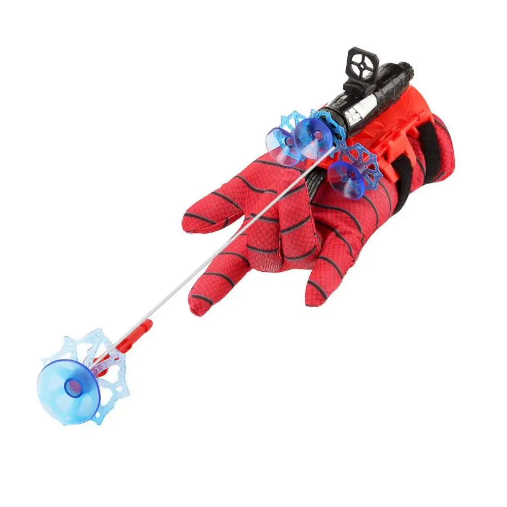 Ein Paar rote Superheldenhandschuhe mit befestigten Spinnweben-Shooters und einem schwarzen Gurt.