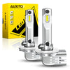 Two LED fog light bulbs are shown next to a yellow box labeled AUXITO Global Supplier for Automotive.