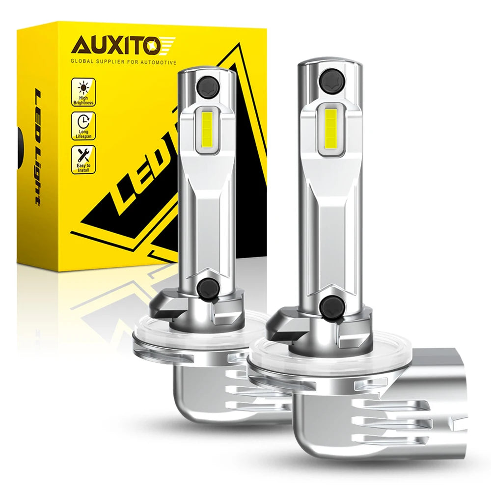 Two LED fog light bulbs are shown next to a yellow box labeled AUXITO Global Supplier for Automotive.