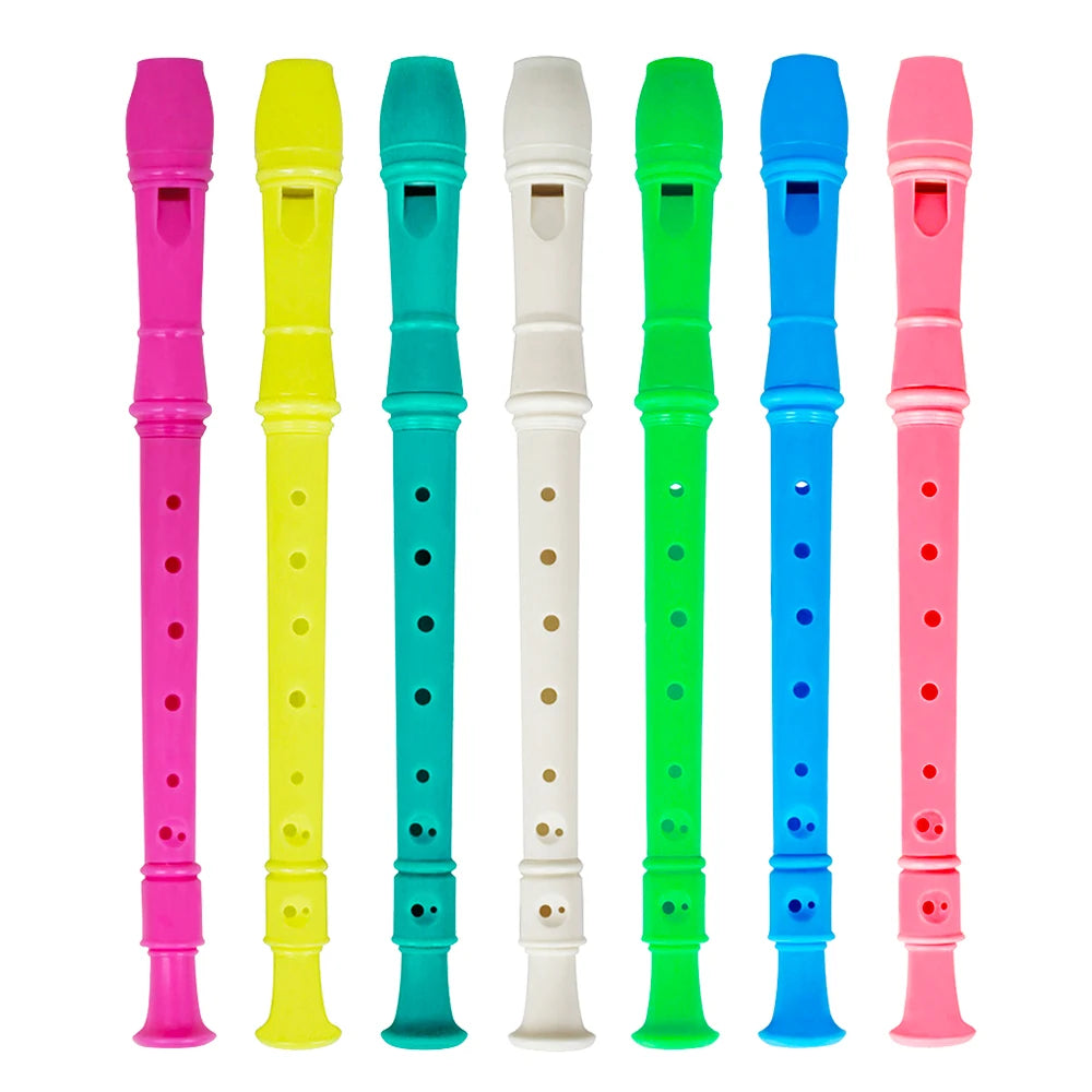 A set of six pink, yellow, teal, white, green, and blue 8-hole soprano recorders with cleaning rods.