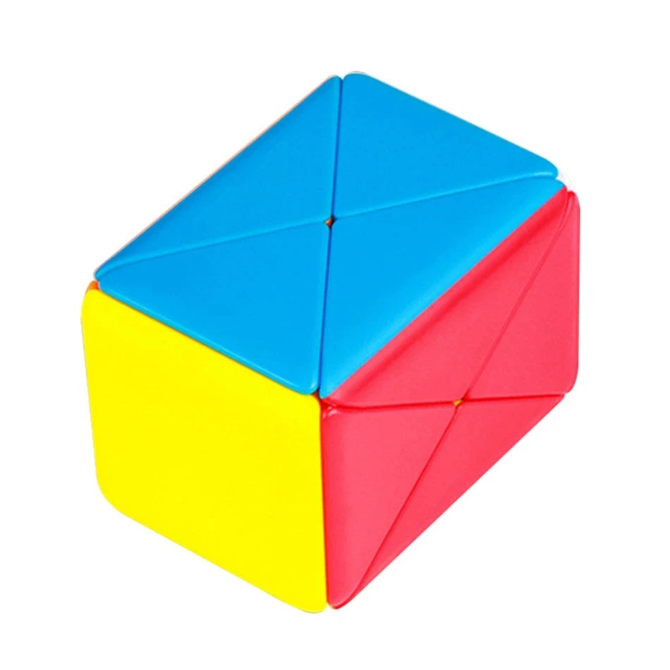 A geometric puzzle cube with blue and yellow faces, featuring a red section.