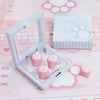 A clear plastic case holds pink silicone cat paw keycaps and a box for MX switches.