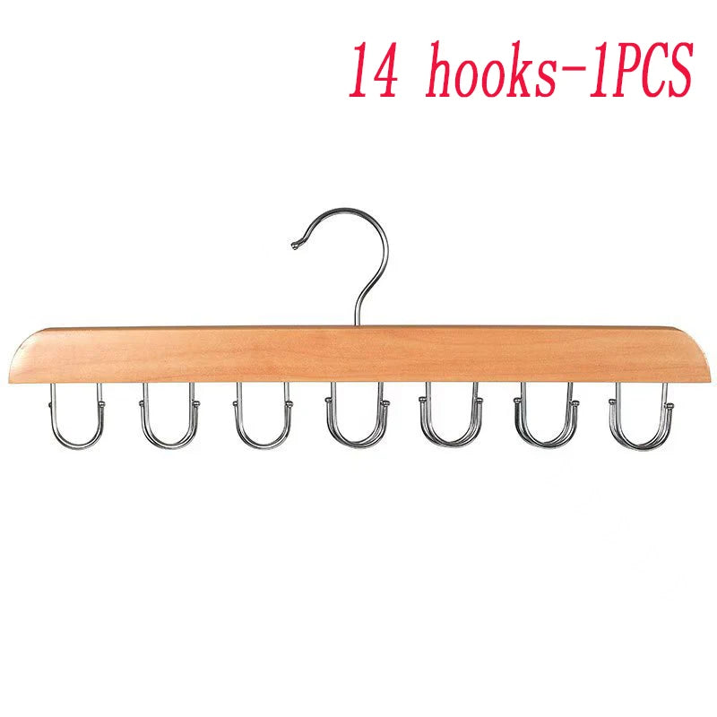 A wooden hanging organizer with 14 hooks for storing belts, hats, and accessories.