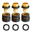 Set of three 3/4-inch garden hose quick connectors in gold and black, including a hose end piece.