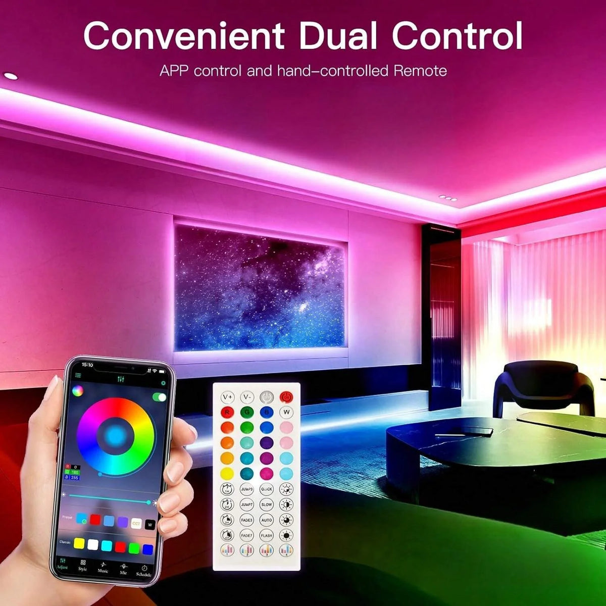 A hand holds a smartphone and a remote control for a convenient dual control system, set against a room with ambient lighting