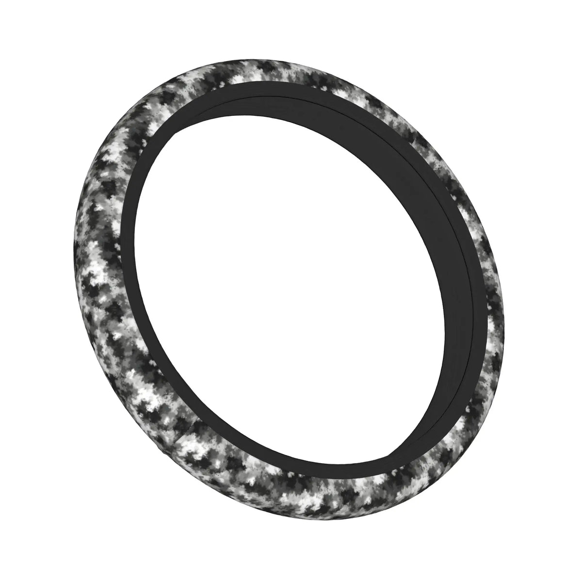 A black steering wheel cover with a camouflage pattern.