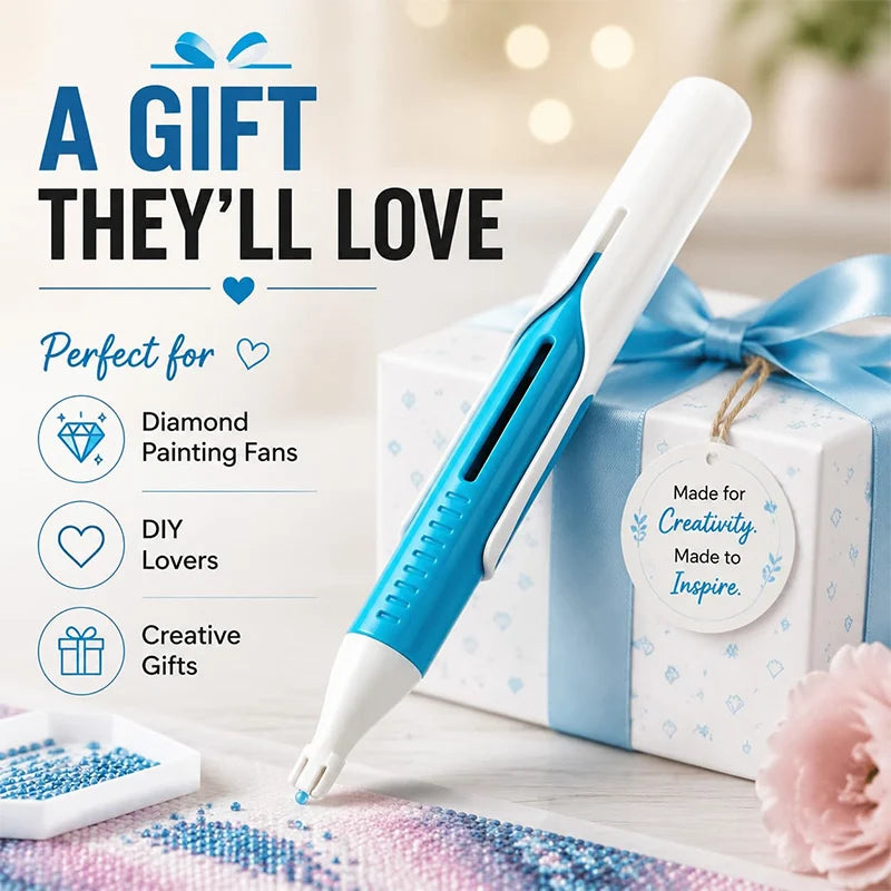 A white and blue automatic diamond painting bead dispenser pen is shown next to a gift box.