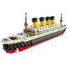 A detailed LEGO model kit of a Titanic ship featuring multiple funnels and deck structures.